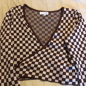 Brown and tan checkered print Emory parks sweater size small long sleeve